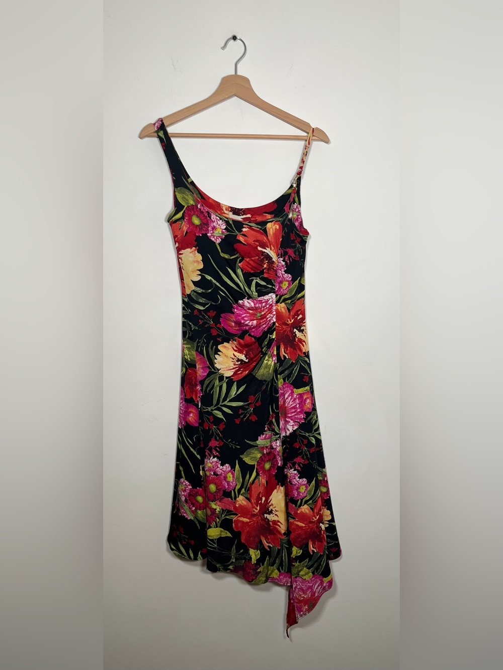 CACHÉ Y2K Vintage Handkerchief Hem Floral Slip Dress with Rhinestone detail